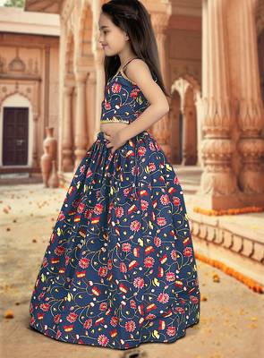 blue silk girls lehenga choli with floral printed work 4