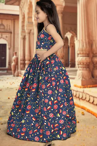 blue silk girls lehenga choli with floral printed work