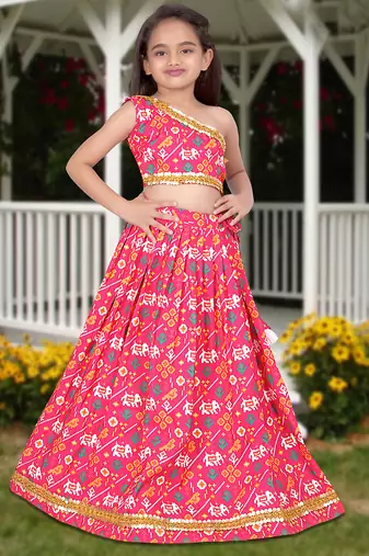 pink silk girls lehenga choli with floral printed work