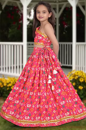pink silk girls lehenga choli with floral printed work
