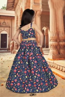 blue silk girls lehenga choli with floral printed work 5