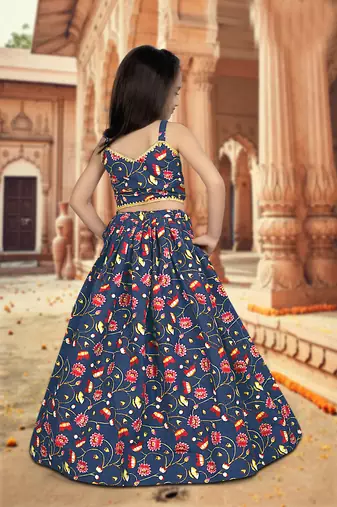 blue silk girls lehenga choli with floral printed work