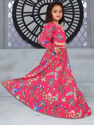 pink chiffon girls lehenga choli with printed sequins work 3