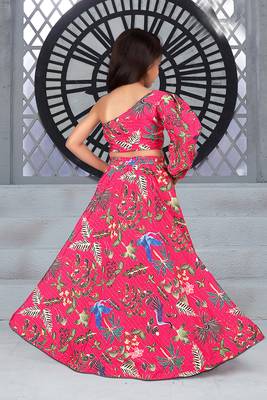 pink chiffon girls lehenga choli with printed sequins work 4