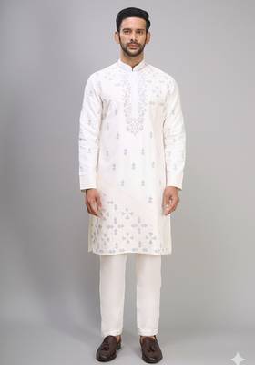off white silk kurta pant with embroidery detail 1