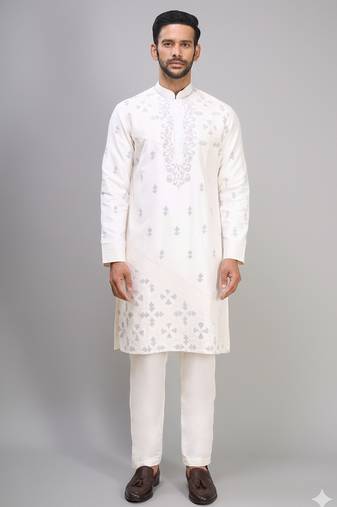 off white silk kurta pant with embroidery detail