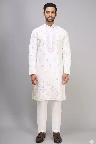 off white silk kurta pant with embroidery detail