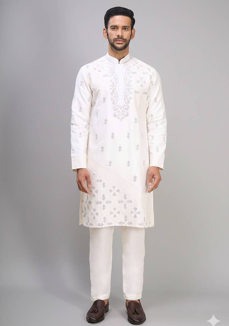 off white silk kurta pant with embroidery detail
