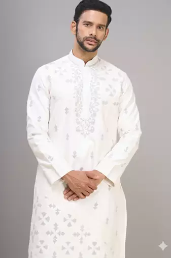 off white silk kurta pant with embroidery detail