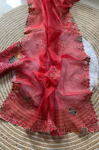 Red Color Bandhani patch work Kota doriya Saree