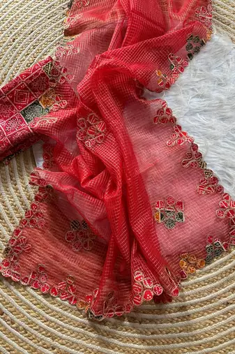 Red Color Bandhani patch work Kota doriya Saree