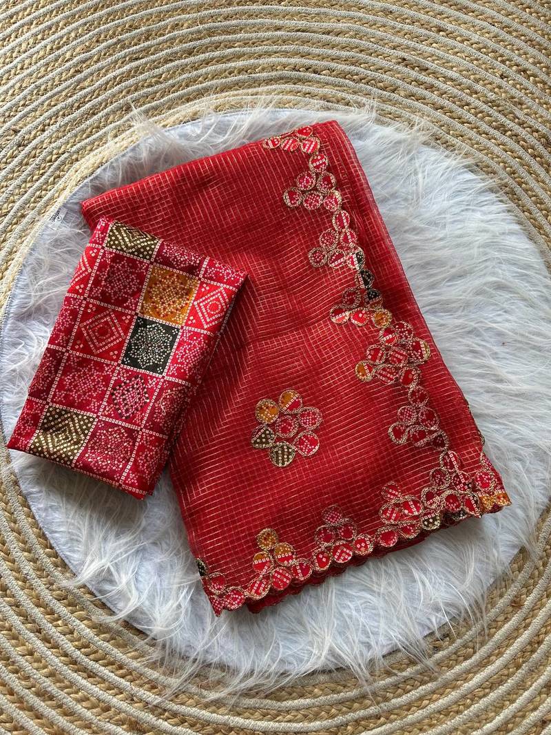 Red Color Bandhani patch work Kota doriya Saree