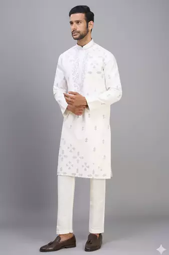 off white silk kurta pant with embroidery detail