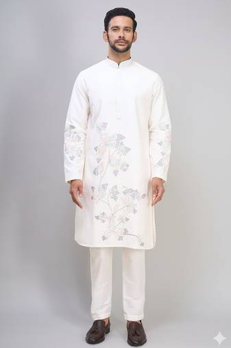 off white silk kurta pant set with embroidered work