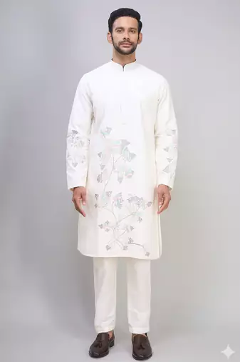 off white silk kurta pant set with embroidered work
