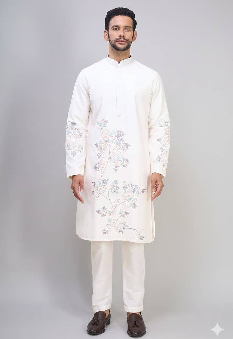 off white silk kurta pant set with embroidered work