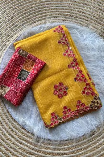 Yellow Color Bandhani patch work Kota doriya Saree