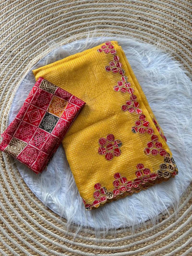 Yellow Color Bandhani patch work Kota doriya Saree