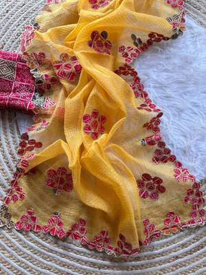 Yellow Color Bandhani patch work Kota doriya Saree 3