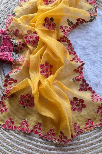 Yellow Color Bandhani patch work Kota doriya Saree