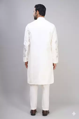 off white silk kurta pant set with embroidered work