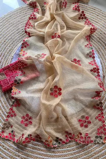 Cream Color Bandhani patch work Kota doriya Saree