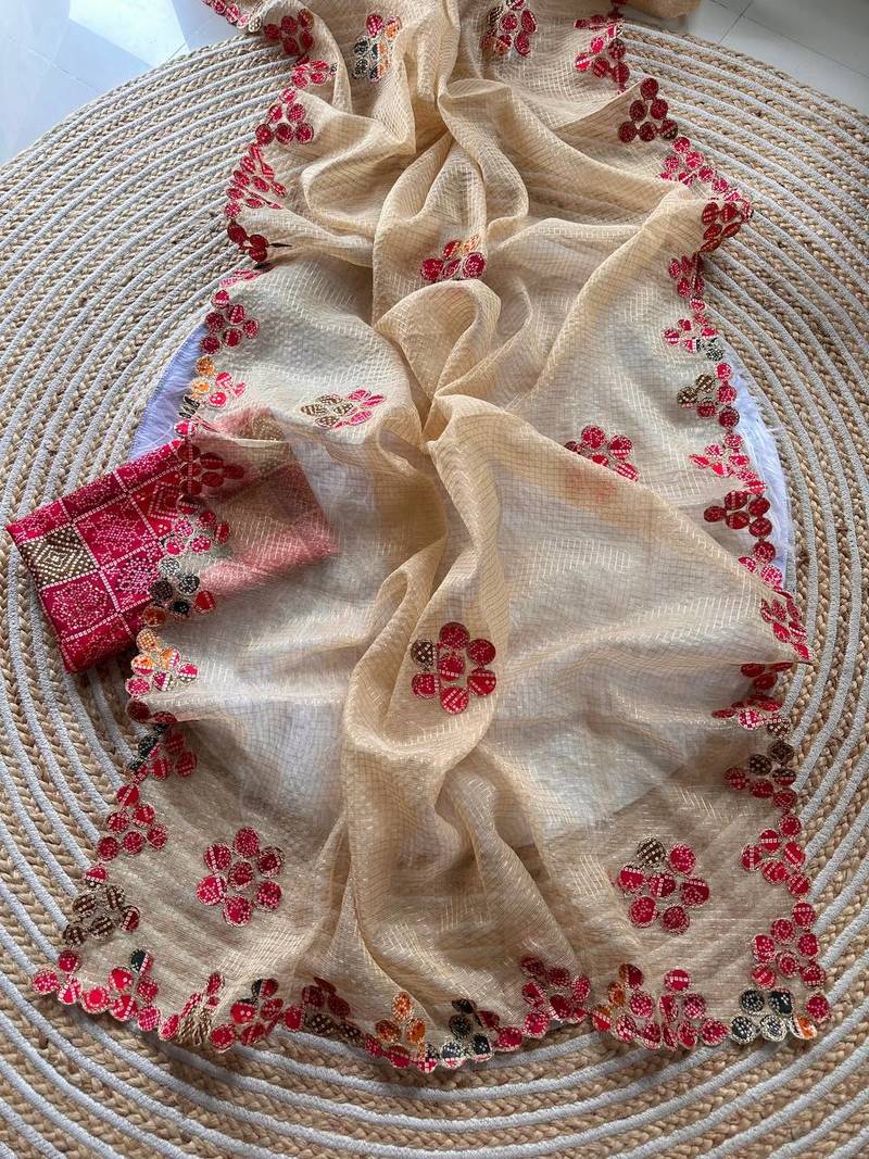 Cream Color Bandhani patch work Kota doriya Saree