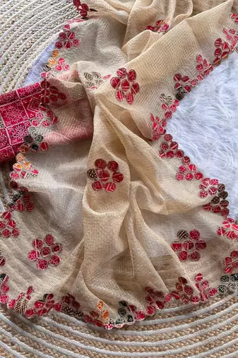 Cream Color Bandhani patch work Kota doriya Saree