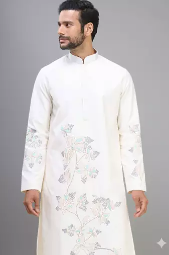 off white silk kurta pant set with embroidered work