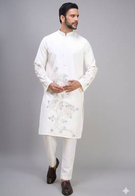 off white silk kurta pant set with embroidered work 4