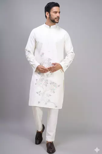 off white silk kurta pant set with embroidered work