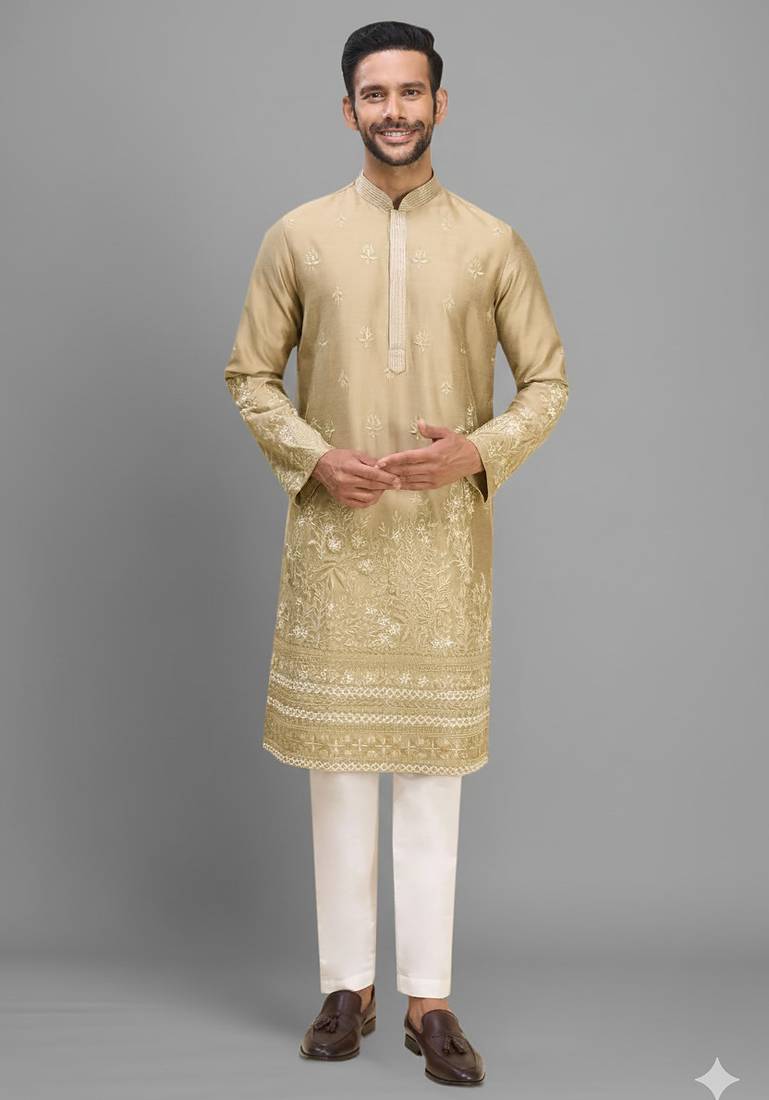 chiku silk kurta pant with embroidered work