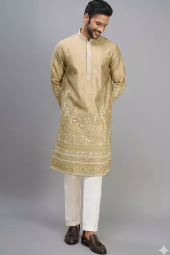 chiku silk kurta pant with embroidered work