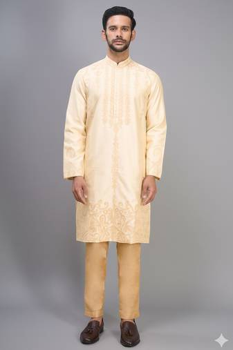 fawn silk kurta pant set with embroidery design