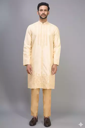 fawn silk kurta pant set with embroidery design