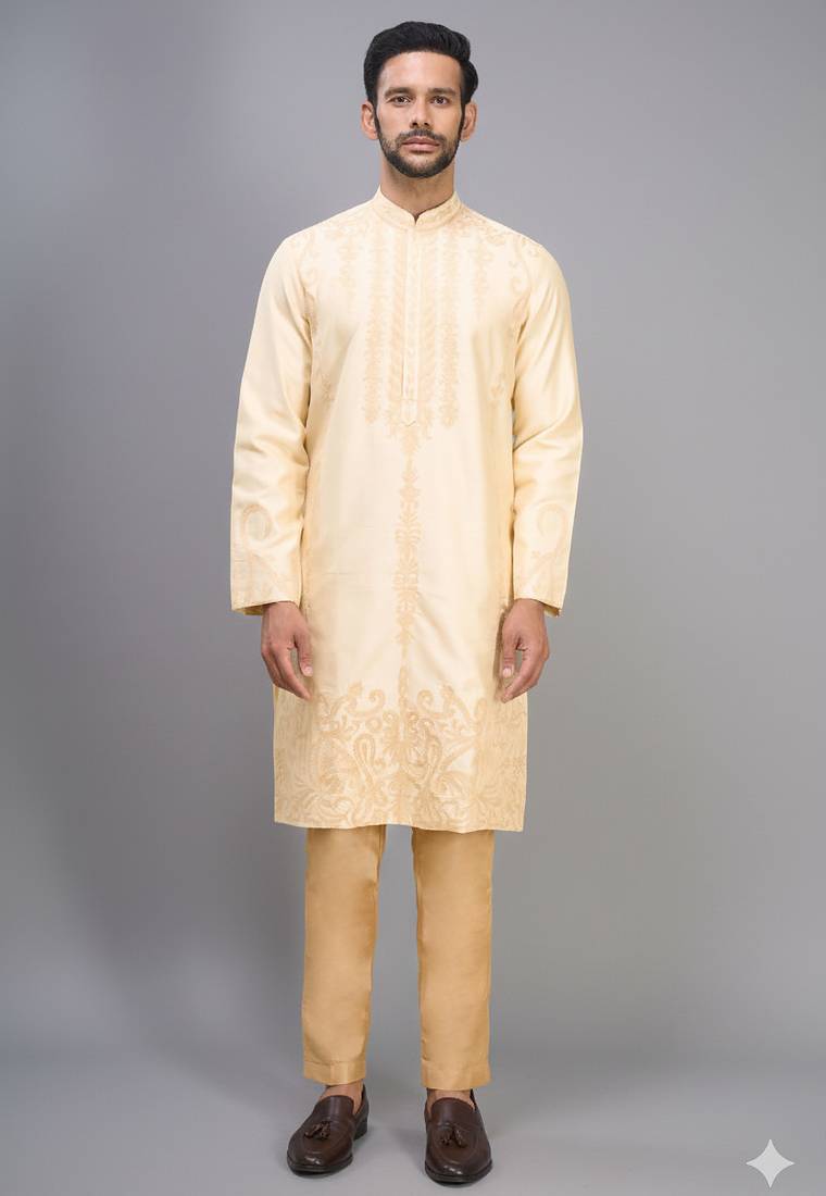 fawn silk kurta pant set with embroidery design