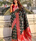 Dark green woven self design pure silk banarasi saree with blouse