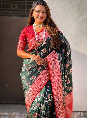 Dark green woven self design silk blend banarasi saree with blouse 2