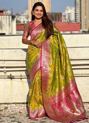 Mehendi woven self design silk blend banarasi saree with blouse 1