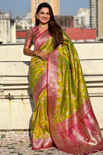 Mehendi woven self design pure silk banarasi saree with blouse
