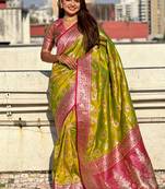 Mehendi woven self design pure silk banarasi saree with blouse