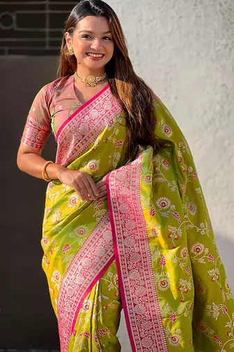 Mehendi woven self design pure silk banarasi saree with blouse