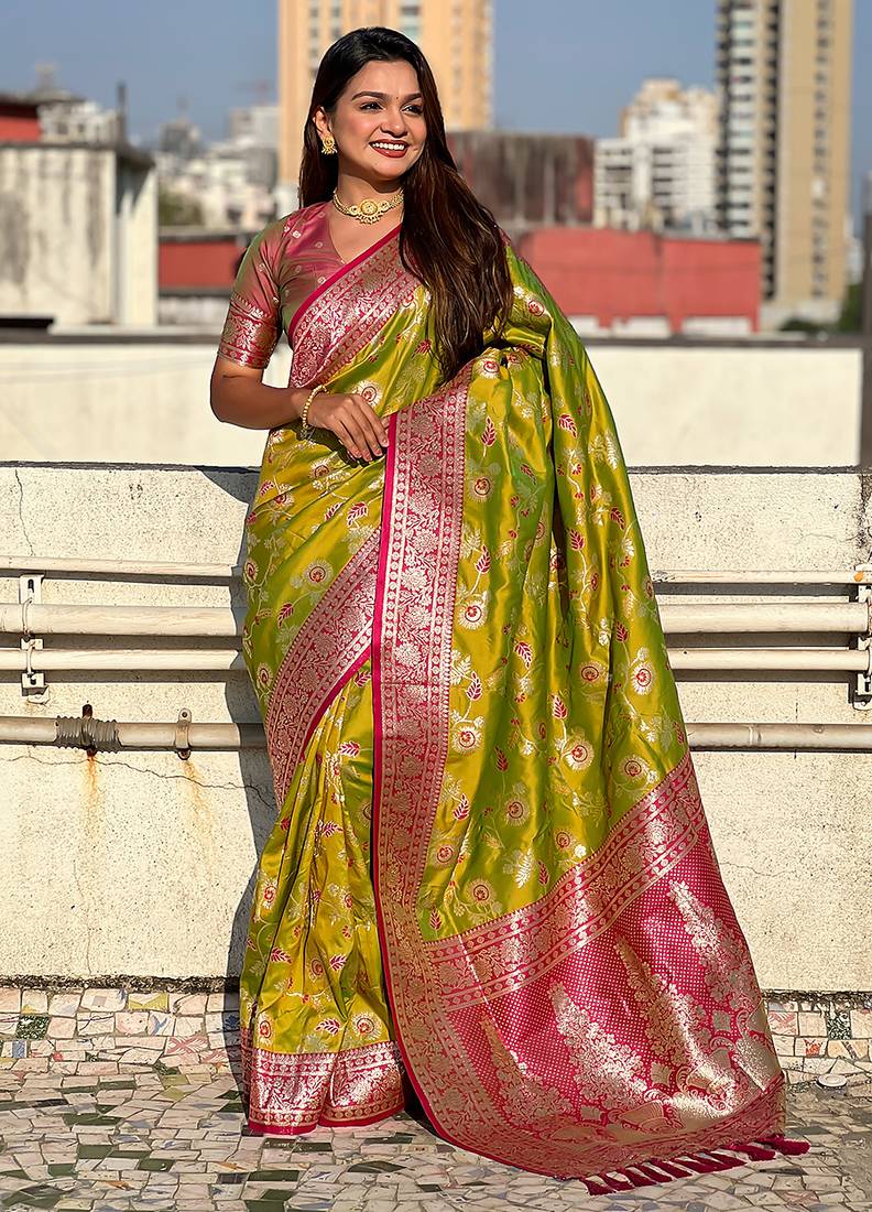 Mehendi woven self design pure silk banarasi saree with blouse