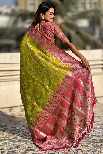 Mehendi woven self design pure silk banarasi saree with blouse