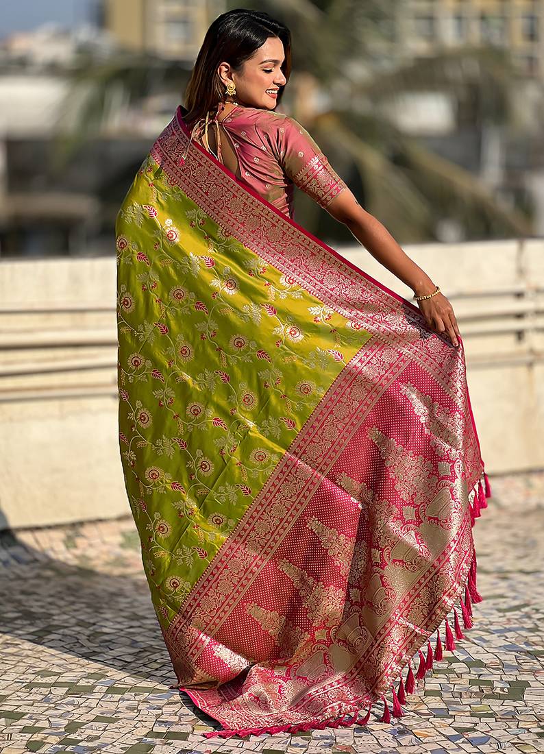 Mehendi woven self design pure silk banarasi saree with blouse