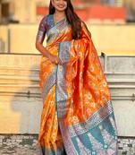 Orange woven self design pure silk banarasi saree with blouse