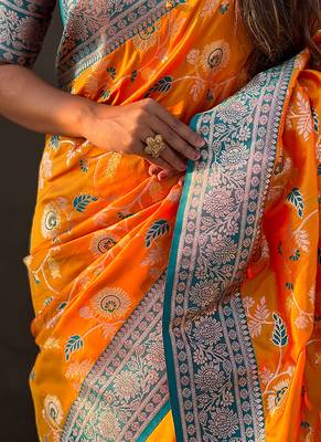 Orange woven self design silk blend banarasi saree with blouse 4