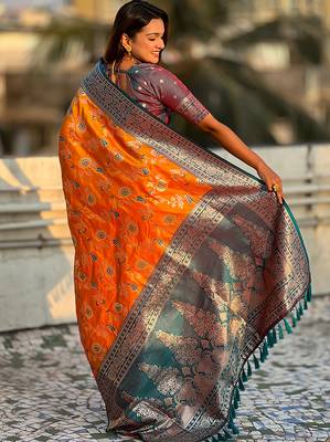 Orange woven self design silk blend banarasi saree with blouse 5