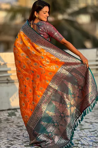 Orange woven self design pure silk banarasi saree with blouse