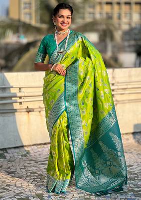 Parrot green woven self design silk blend banarasi saree with blouse 1